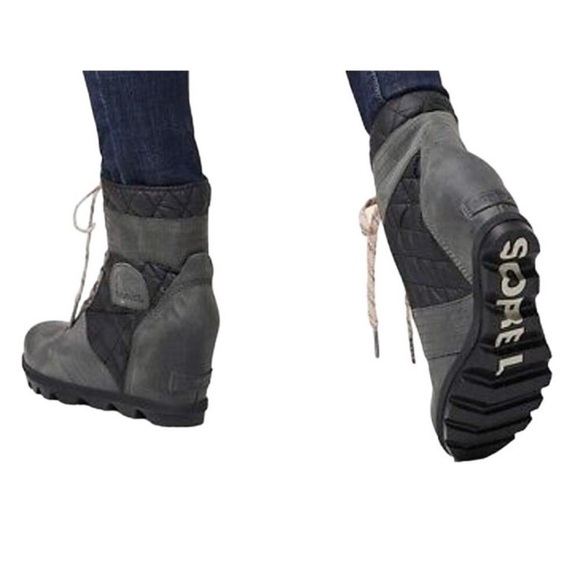 Sorel Lexie Quilted Leather Wedge Boots Dark Slate Ardoise Sombre Size 7.5 - Picture 10 of 10